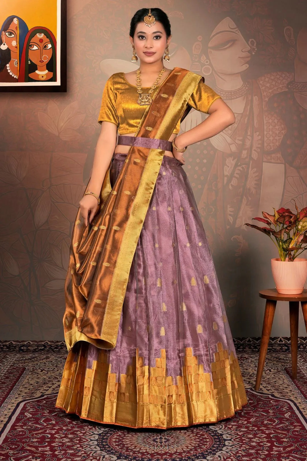 Peach Tissue Silk Traditional Lehenga Choli for Women