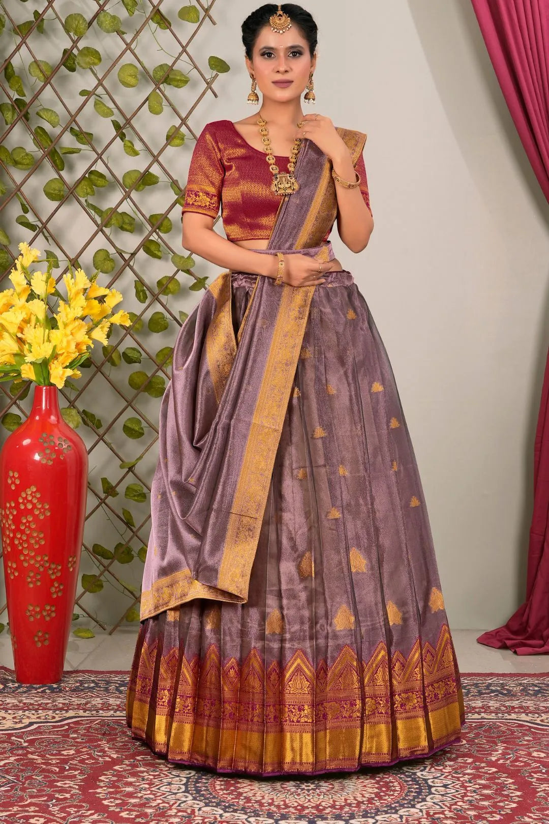 Peach Tissue Silk Lehenga Choli with Dupatta For Women