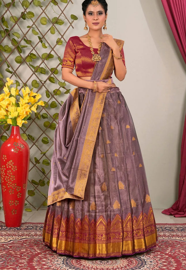 Peach Tissue Silk Lehenga Choli with Dupatta For Women