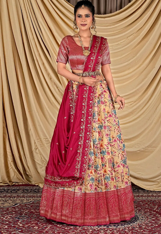 Woman wearing a traditional outfit with a pink lehenga and floral print