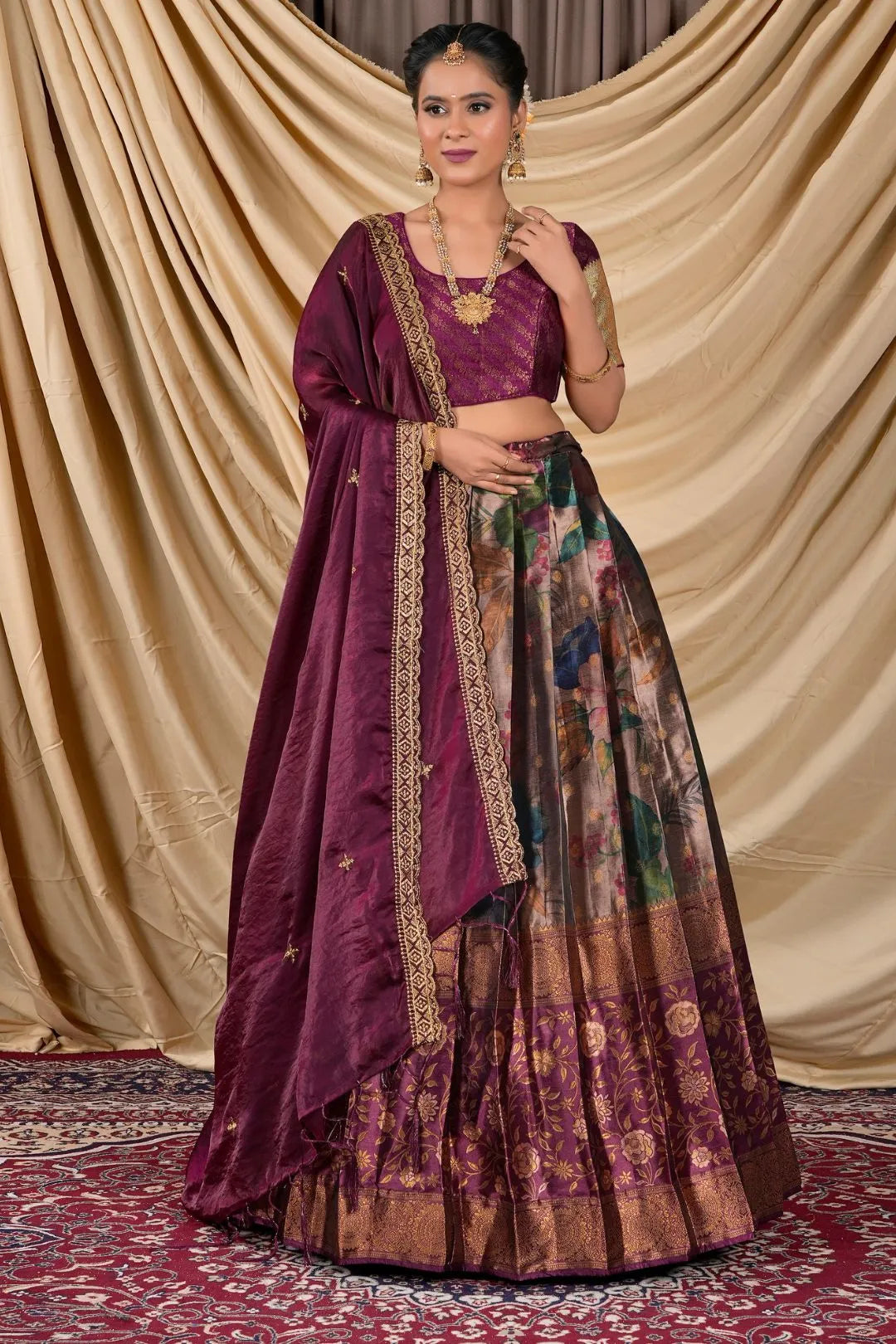 Peach Tissue With Digital Print Lehenga Choli