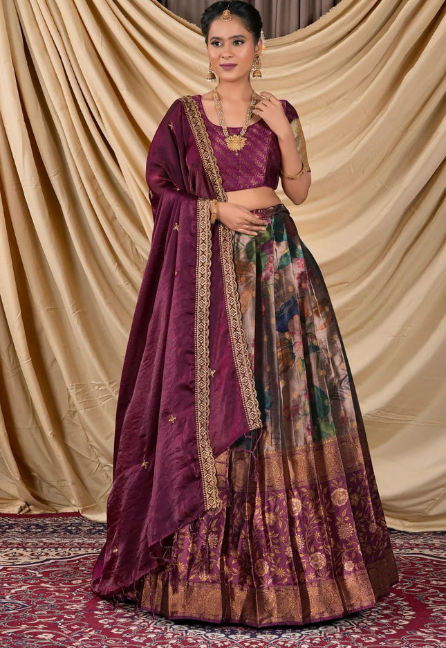 Peach Tissue With Digital Print Lehenga Choli