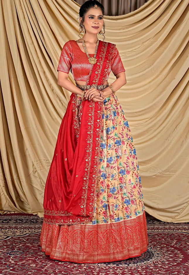 Woman wearing a traditional red and floral lehenga choli with dupatta
