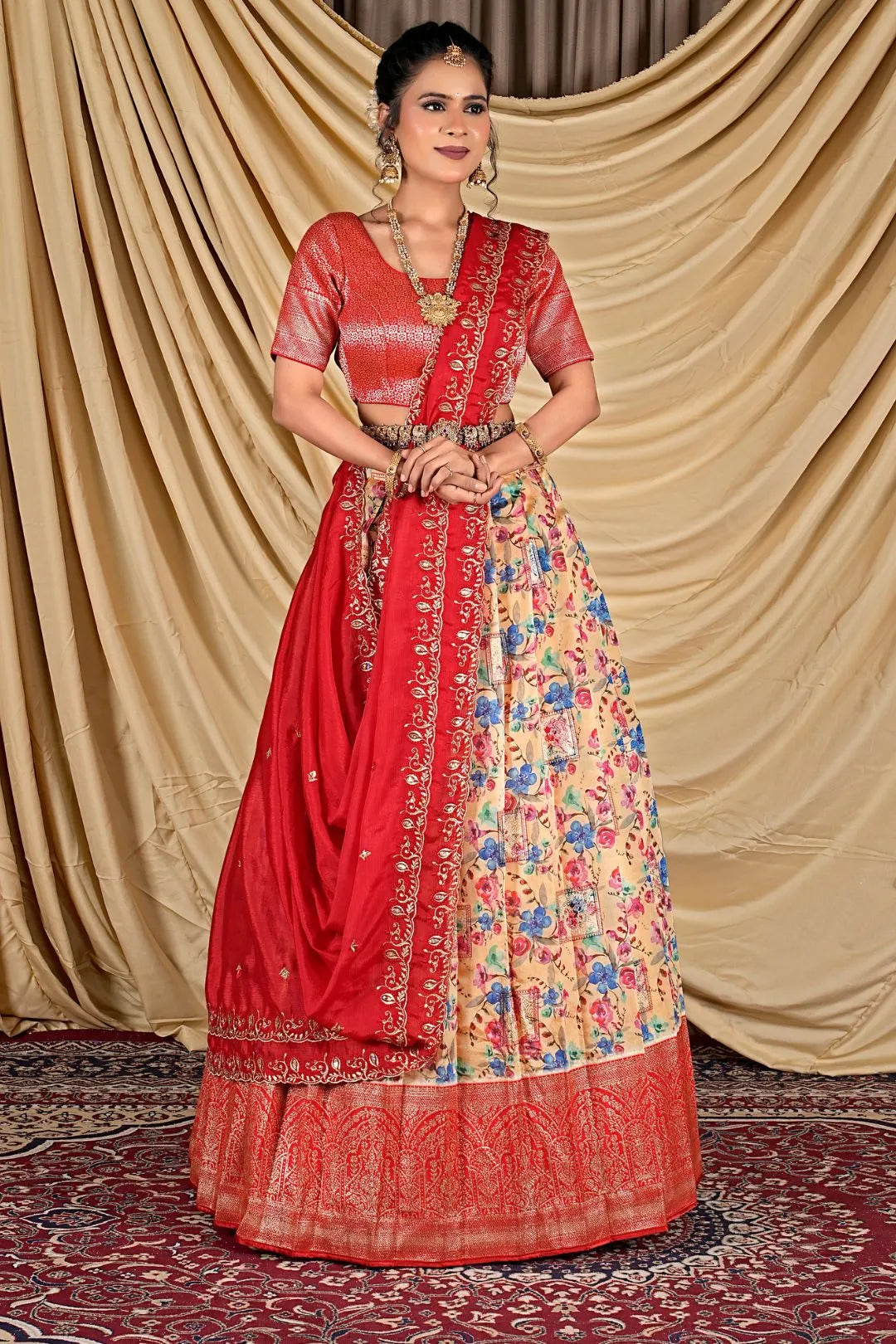 Peach Tissue With Digital Print Lehenga Choli For Women