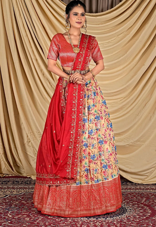 Peach Tissue With Digital Print Lehenga Choli For Women