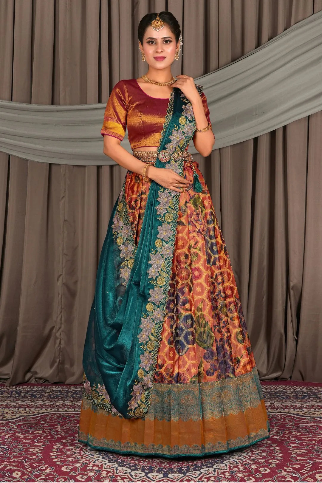 Peach Viscose Digital Print Lehenga Choli For Women