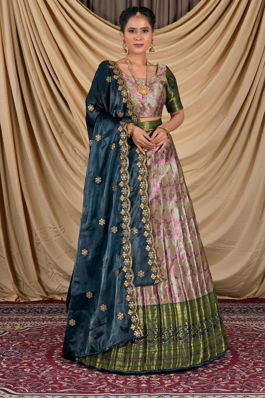 Peach Zari Silk Pattu Lehenga Choli With Zari Woven