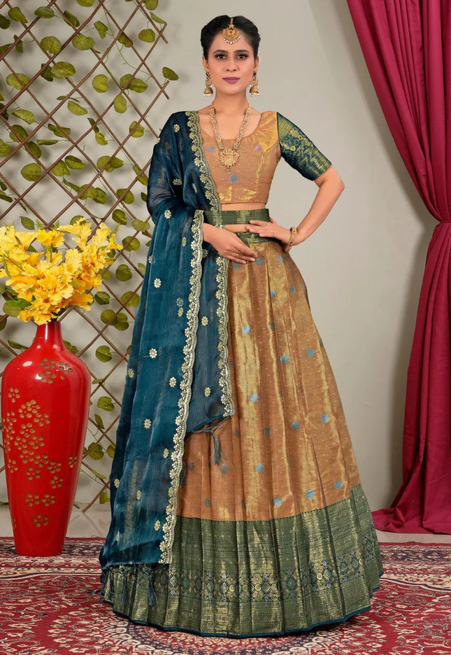 Peach Zari Silk Semi-Stitched Lehenga For Women