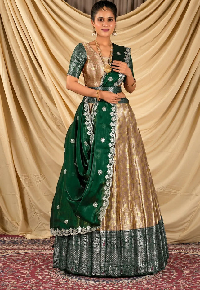 Peach Zari Tissue Half Saree with Zari Woven For Women