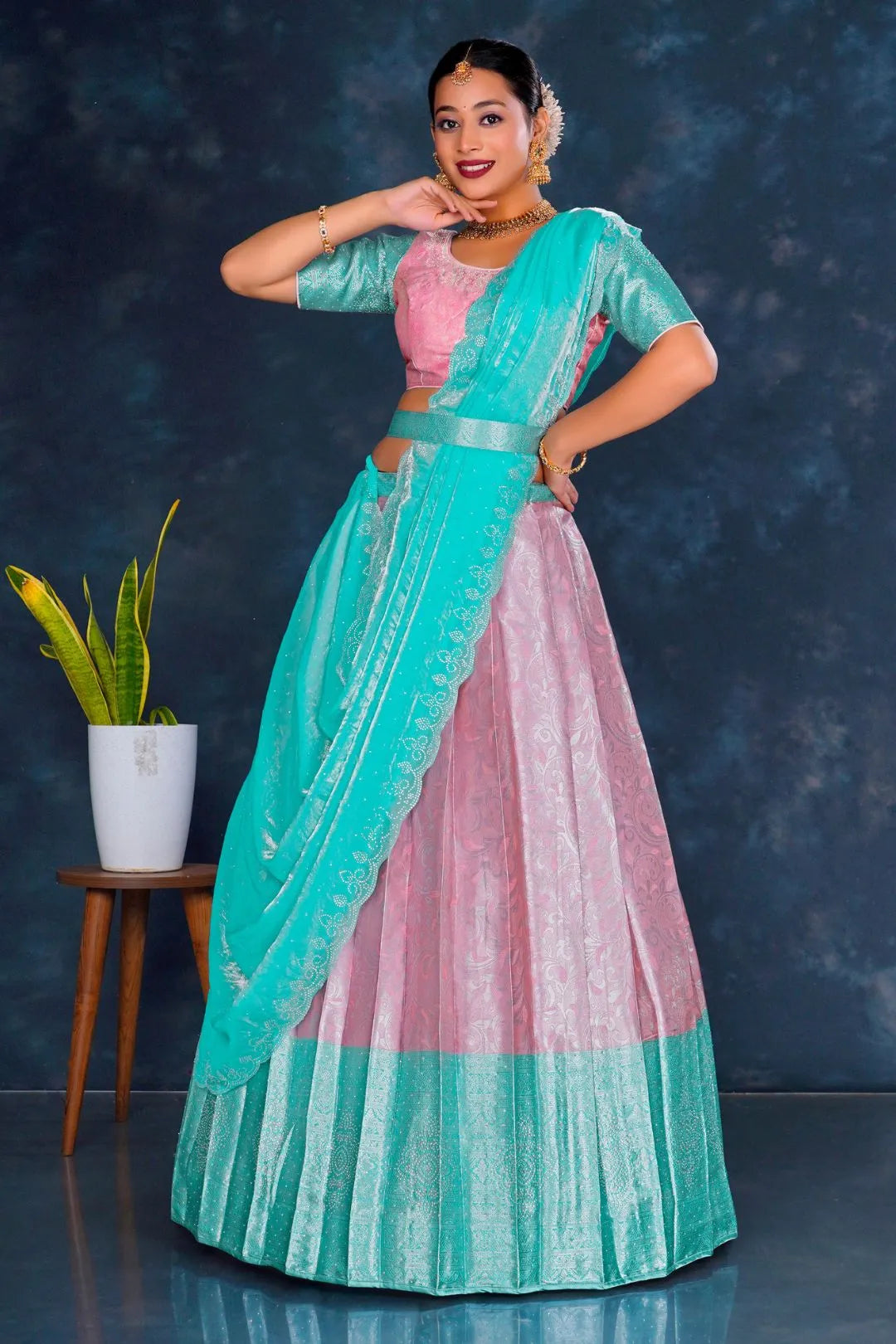 Pink Banarasi Lehenga Choli Set For Women