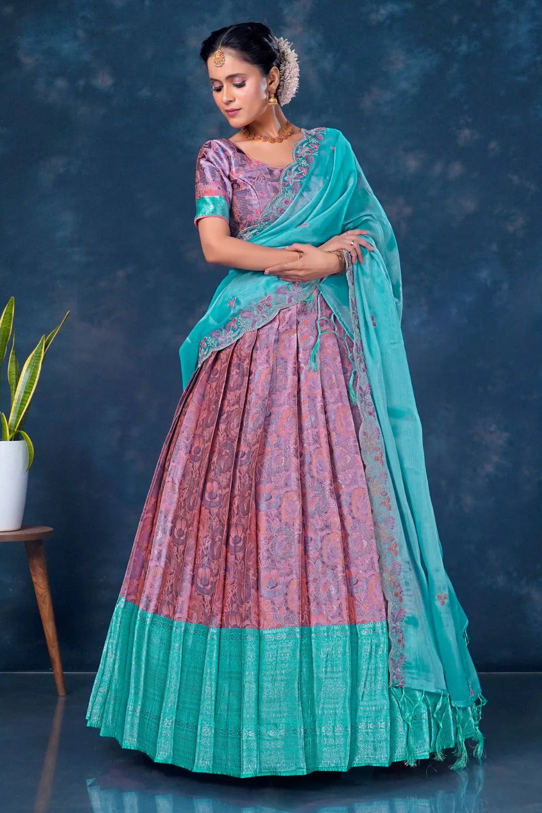 Pink Banarasi Lehenga Choli With Sea Green Dupatta
