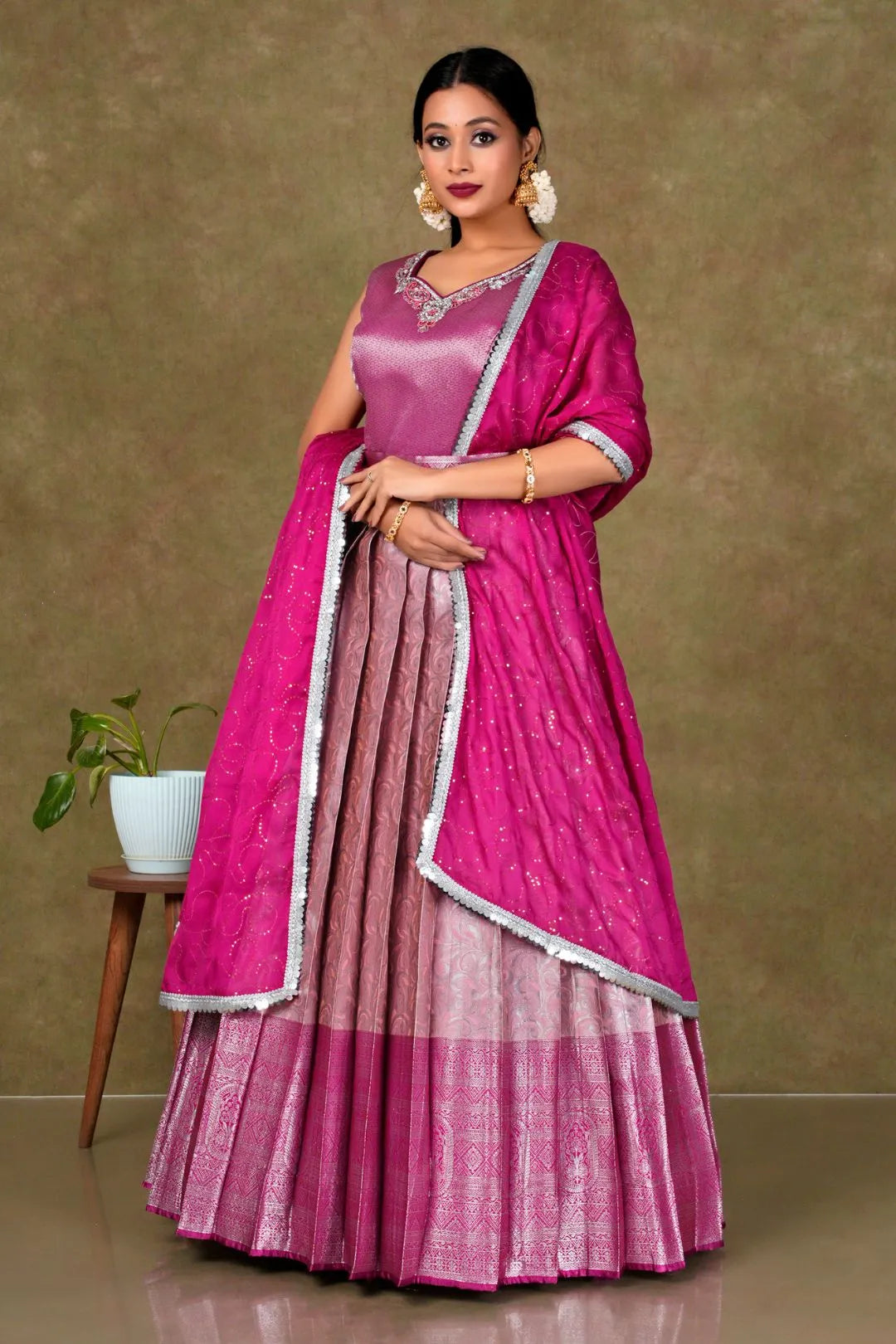 Pink Banarasi Long Gown With Dupatta For Women