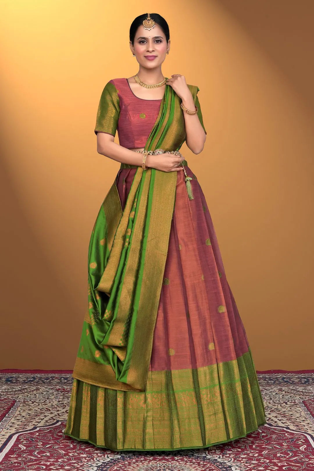 Pink Banarasi Pattu Half Saree With Zari Woven