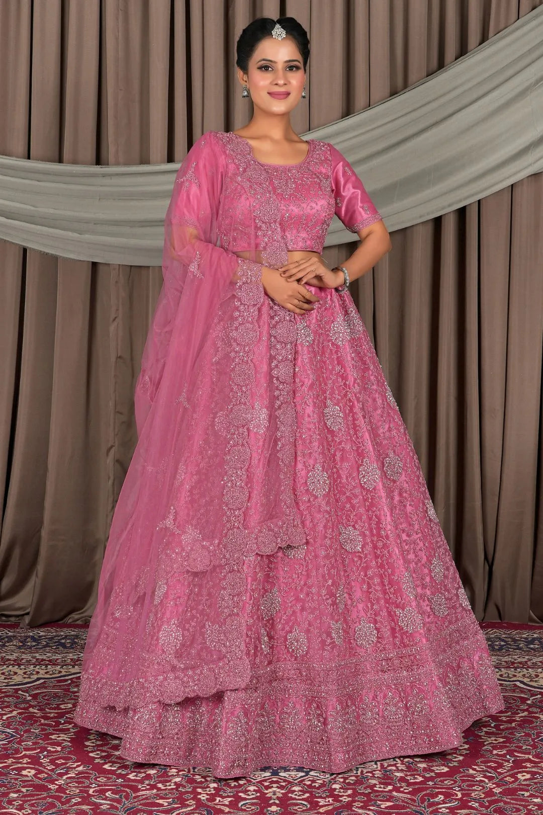 Pink Embroidered Bridesmaid Lehenga Choli In Net