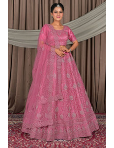 Pink Embroidered Bridesmaid Lehenga Choli In Net
