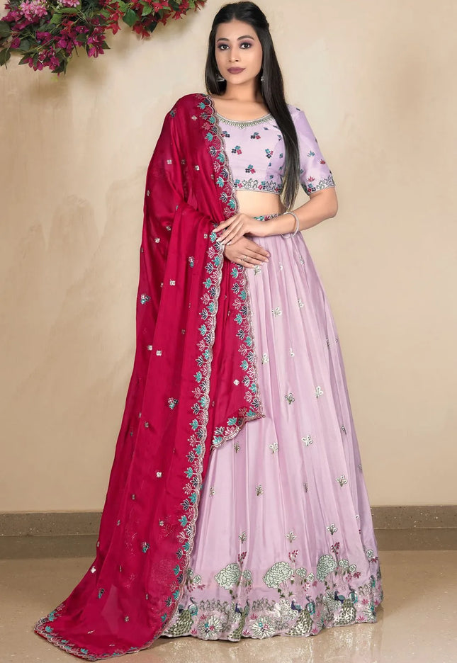 Pink Embroidered Lehenga Choli In Satin Chiffon Fabric