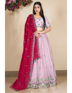 Pink Embroidered Lehenga Choli In Satin Chiffon Fabric