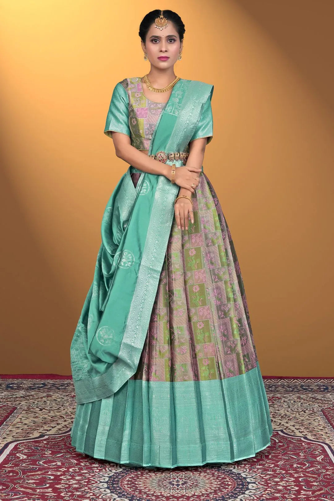 Pink Jacquard Fabric Half Saree With Digital Print