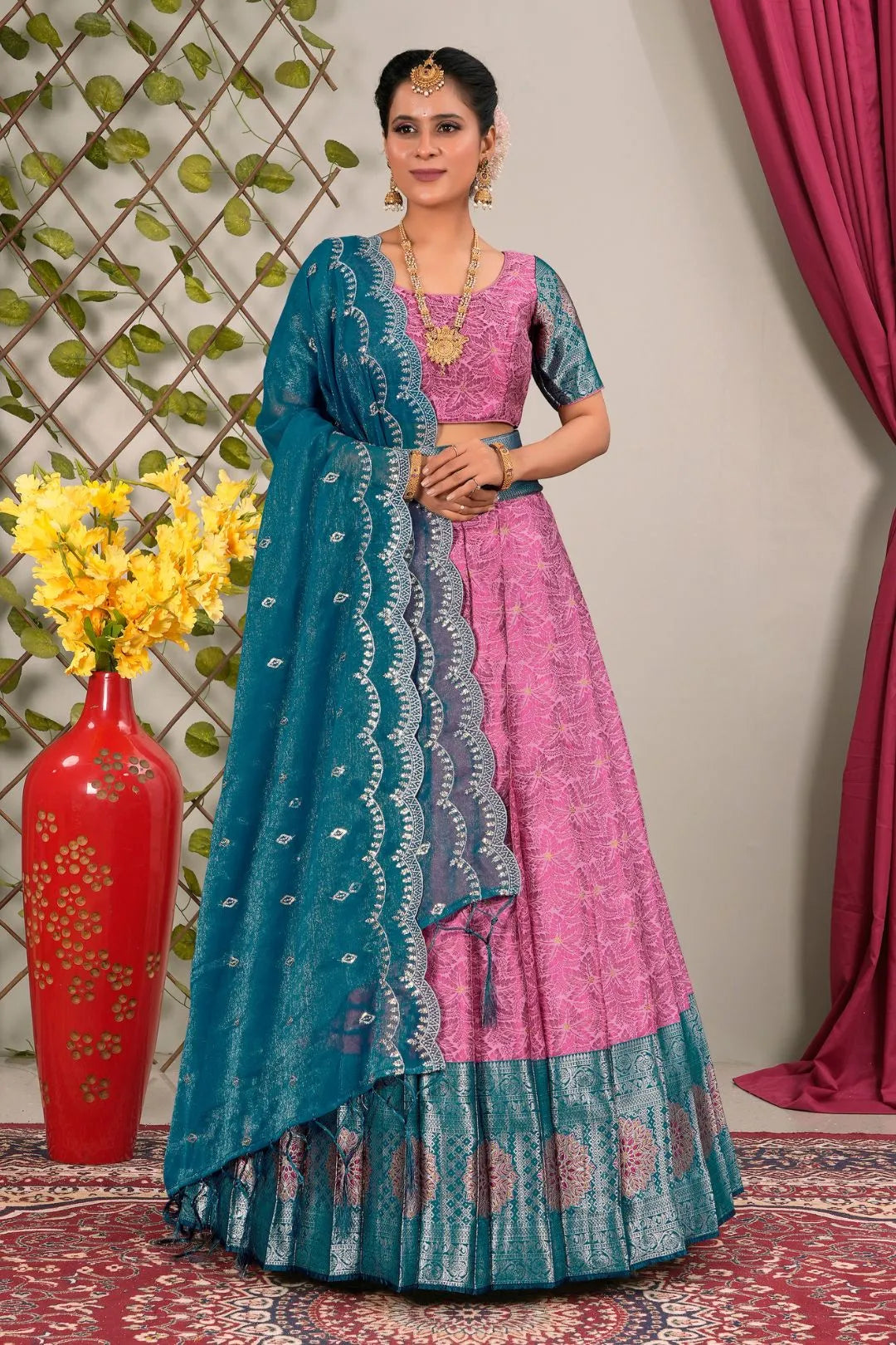 Pink Jacquard Silk Lehenga Choli for Women