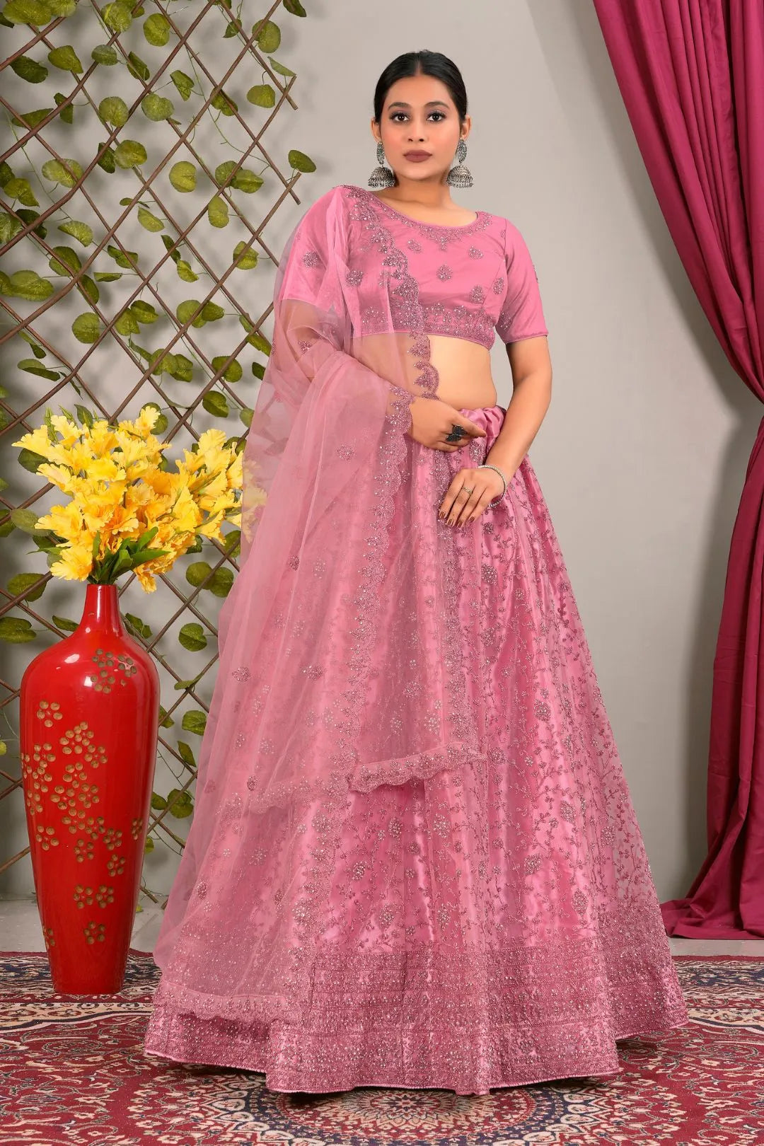 Pink Latest Net Lehenga Choli Set Wedding