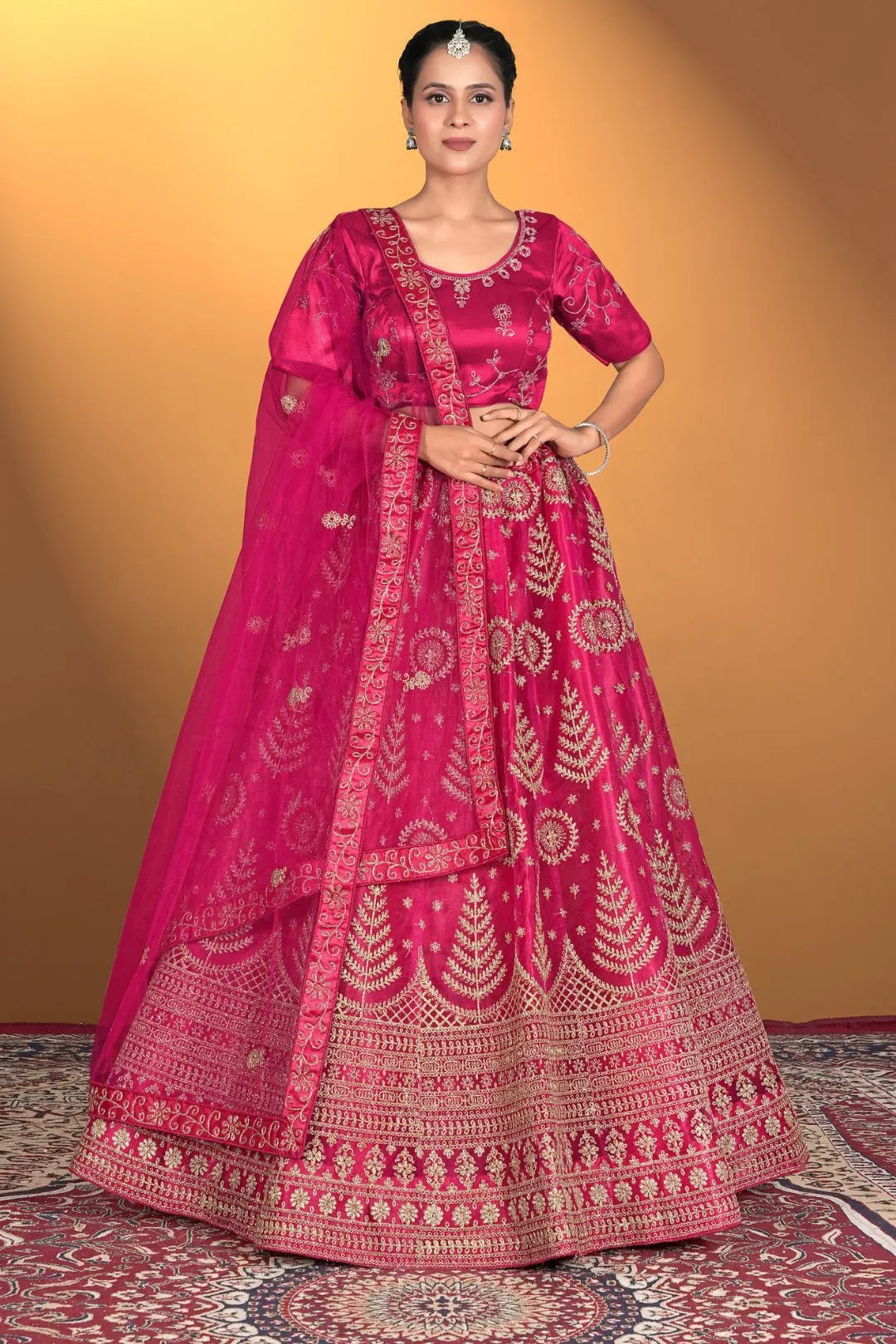 Pink Net Lehenga Choli For Women With Embroidery Work