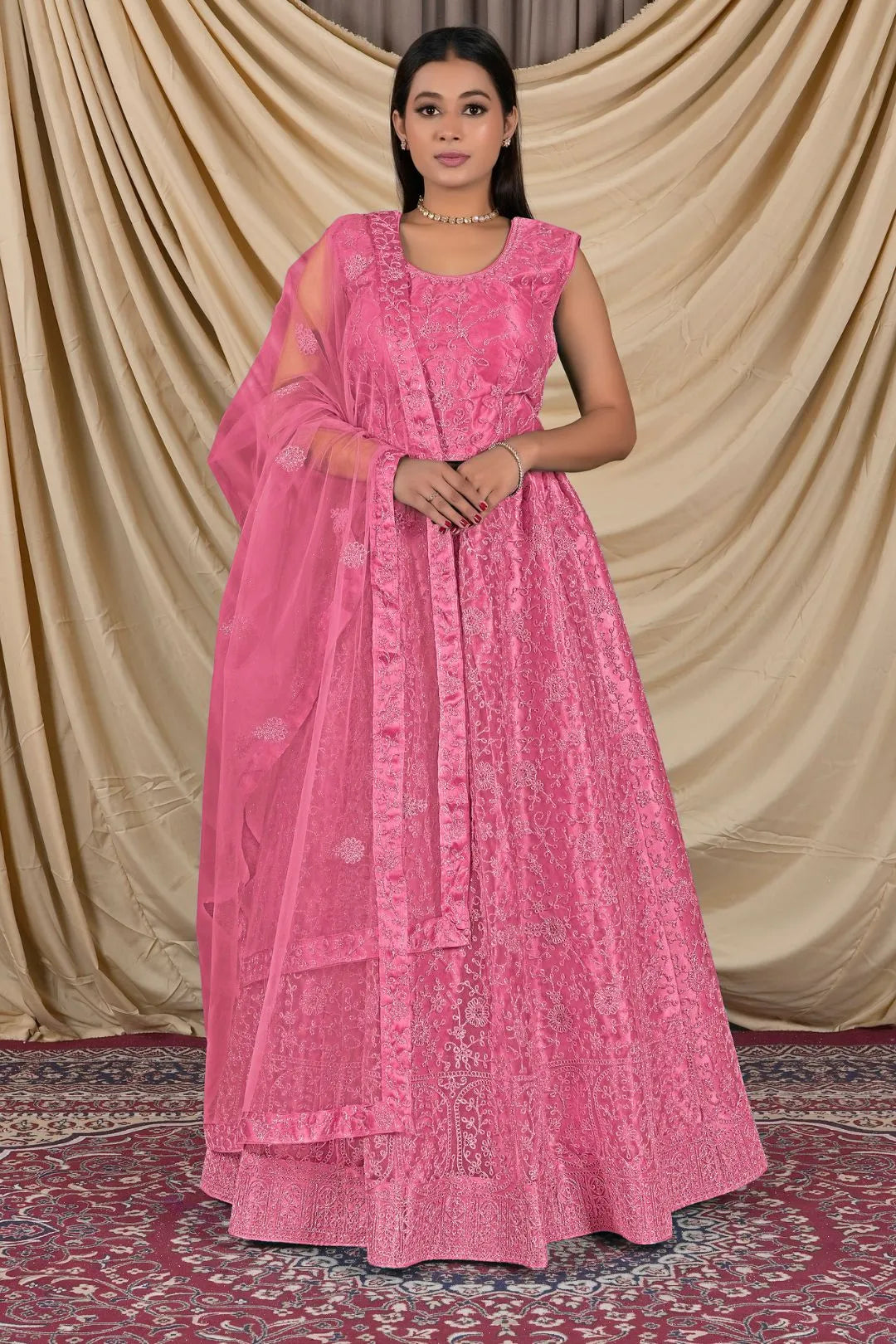 Pink Net Readymade Lehenga Choli For Girls