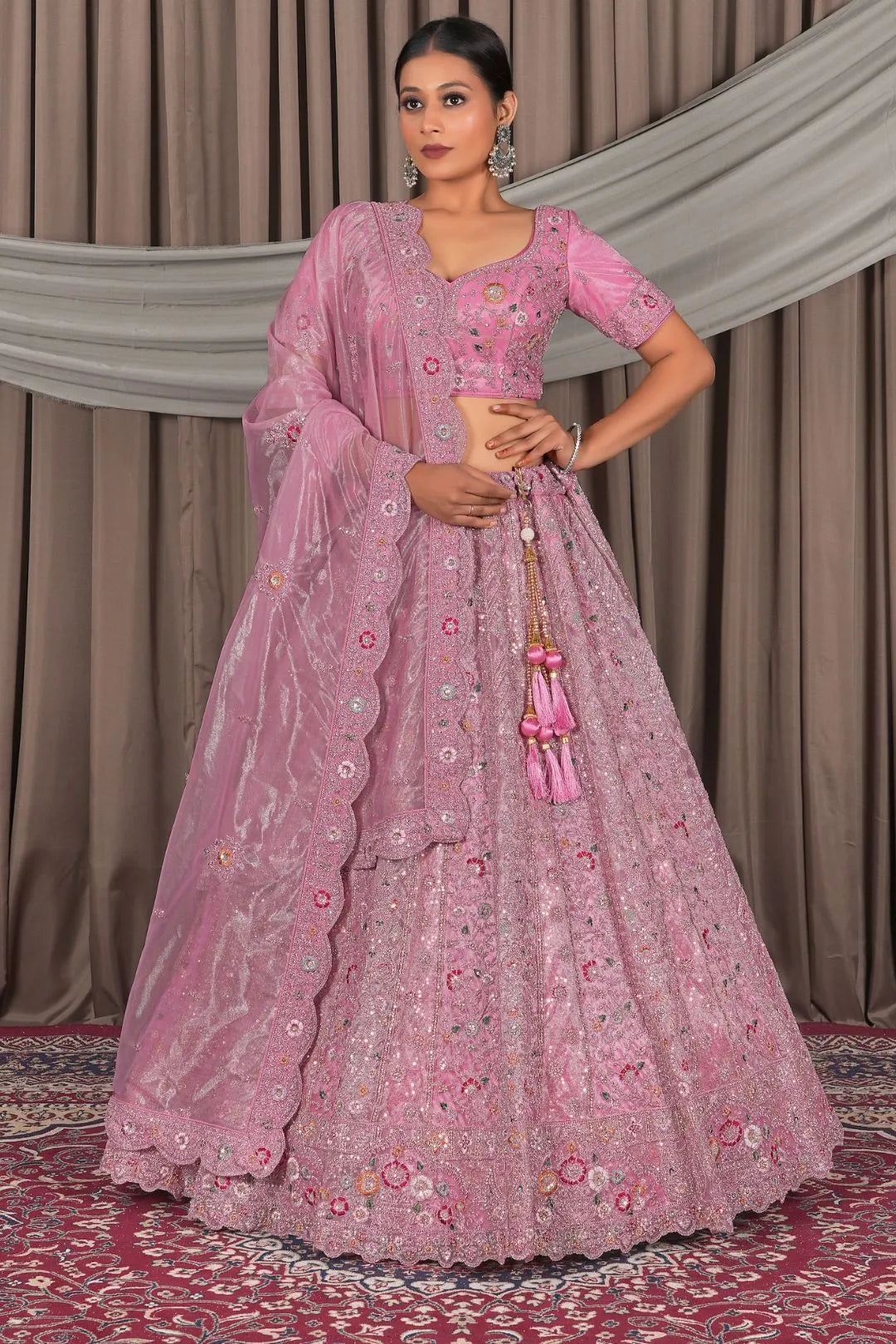 Pink Party Wear Embroidered Twill Net Lehenga Choli For Women