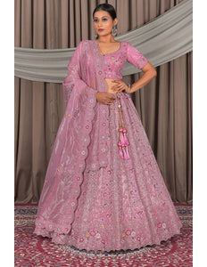 Pink Party Wear Embroidered Twill Net Lehenga Choli For Women