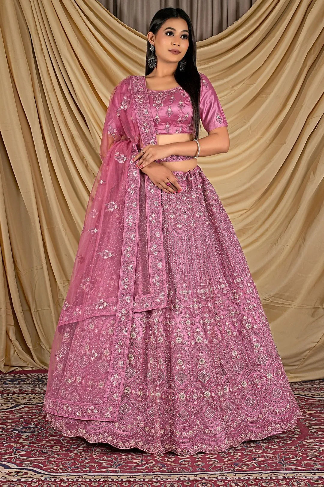 Pink Party Wear Embroidered Net Lehenga Choli For Women