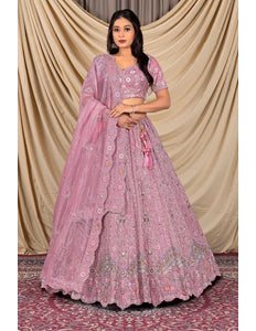 Pink Party Wear Embroidered Twill Net Lehenga Choli For Women
