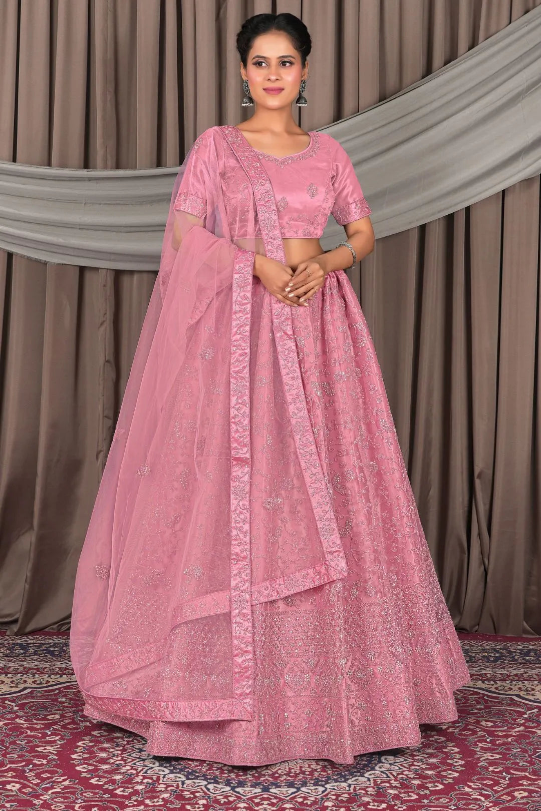 Pink Party Wear Net Lehenga Choli For Women