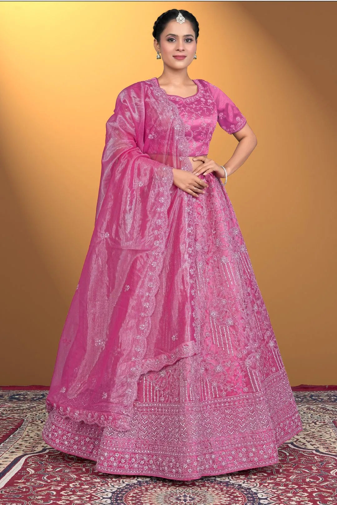 Pink Traditional Net Lehenga Choli With Dupatta