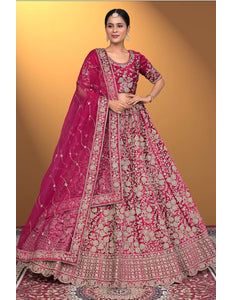 Pink Velvet Lehenga Choli With Net Dupatta For Women