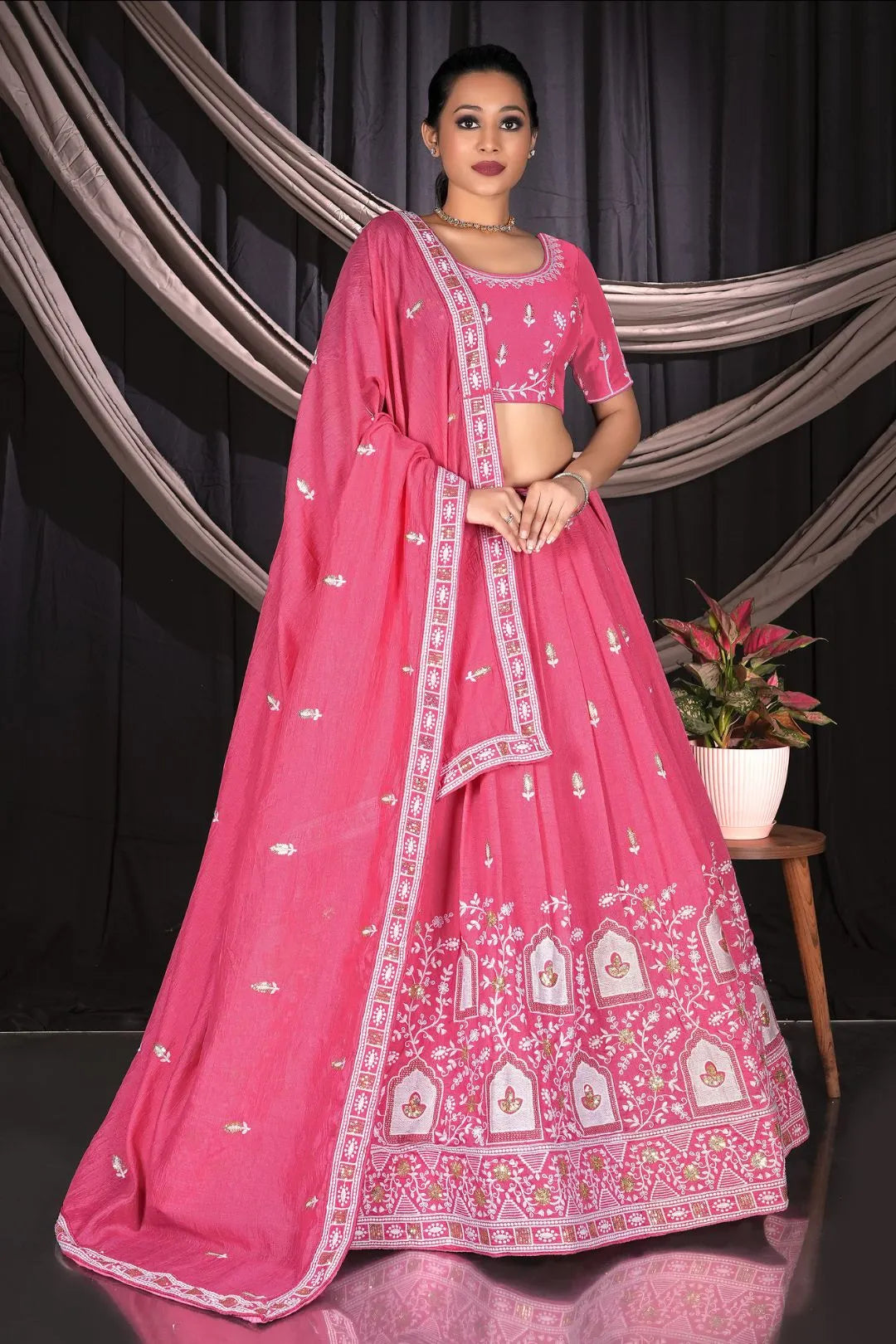 Pink Vichitra Silk Crop Top Lehenga For Women