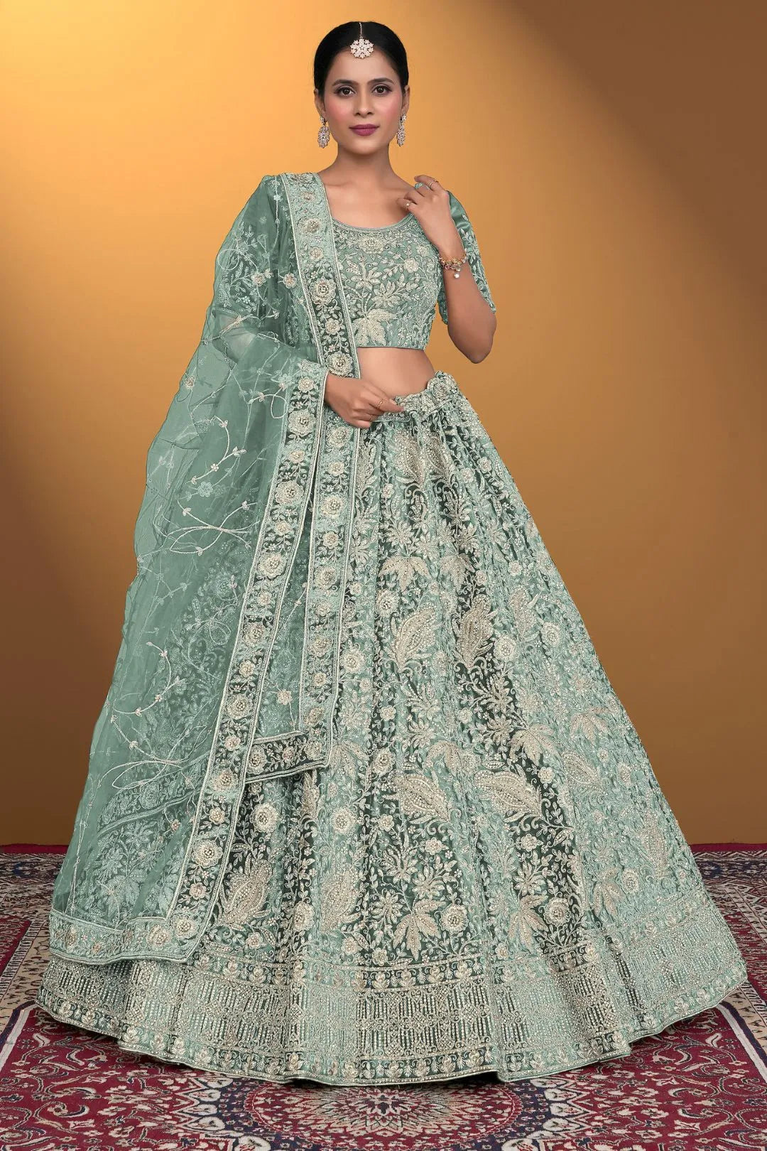 Pista Velvet Lehenga Choli With Net Dupatta For Women