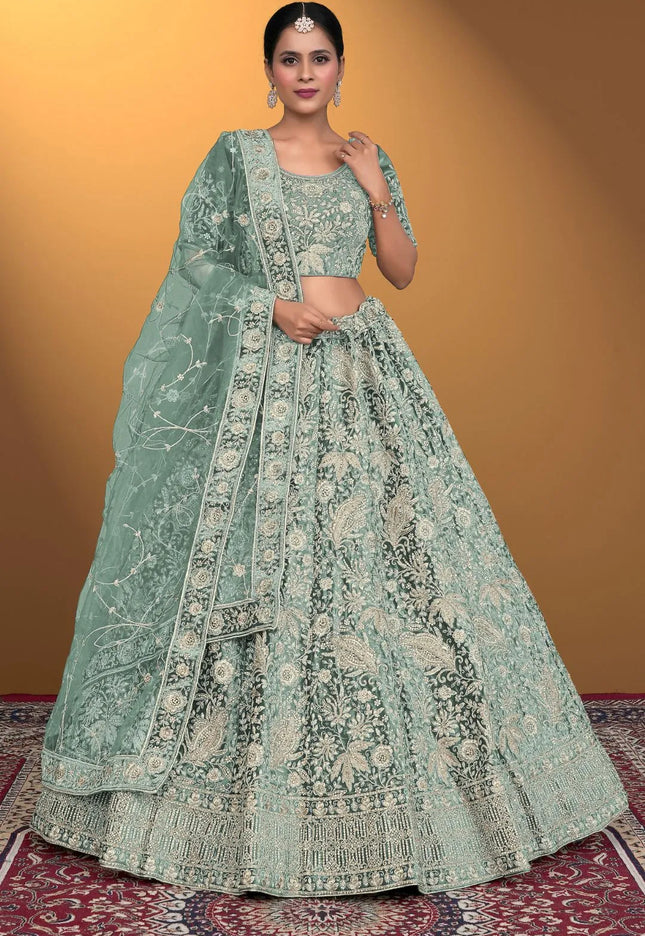 Pista Velvet Lehenga Choli With Net Dupatta For Women