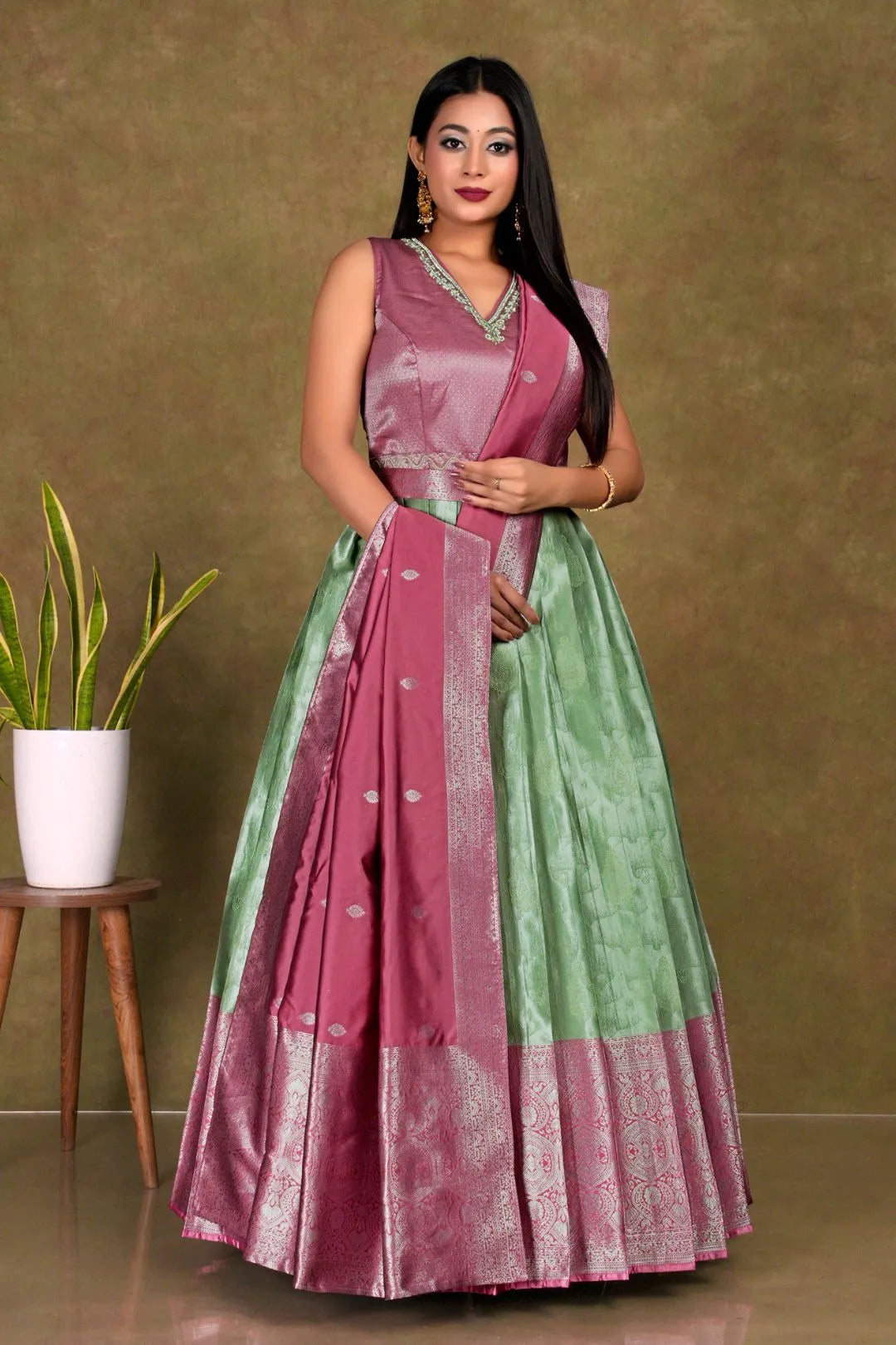 Pista Banarasi Long Frock With Dupatta For Women