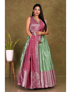 Pista Banarasi Long Frock With Dupatta For Women