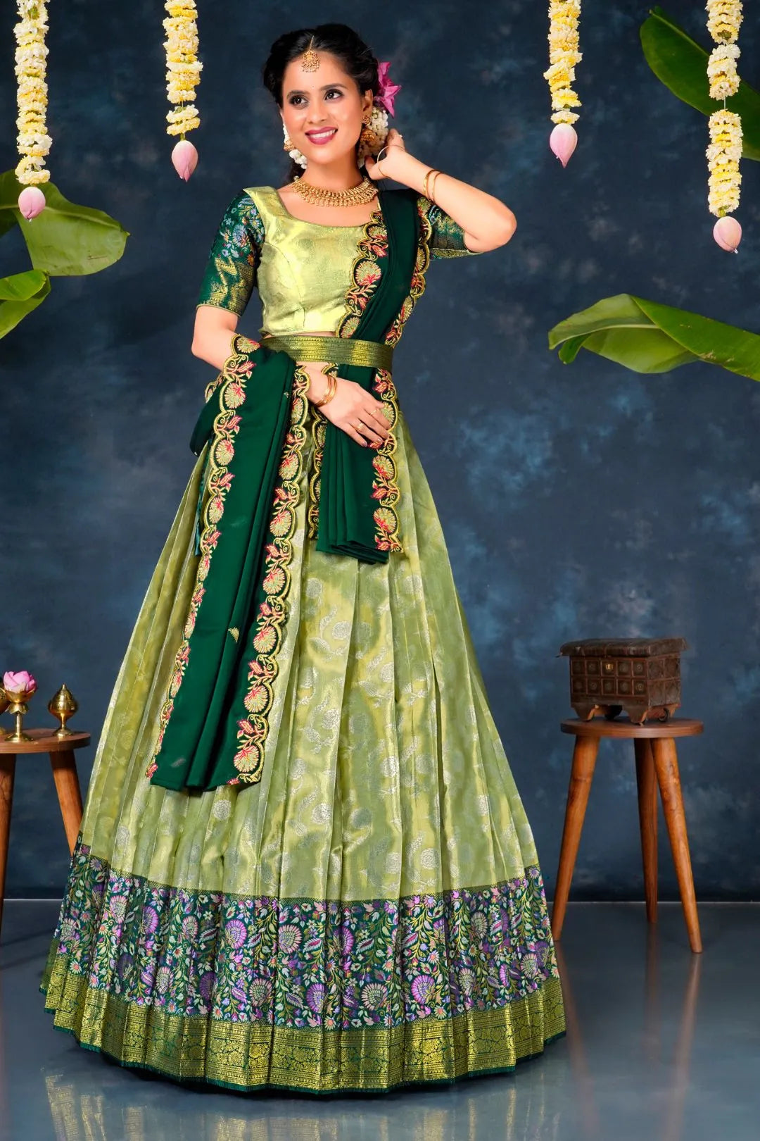 Pista Banarasi Silk Pattu Half Saree With Zari Work