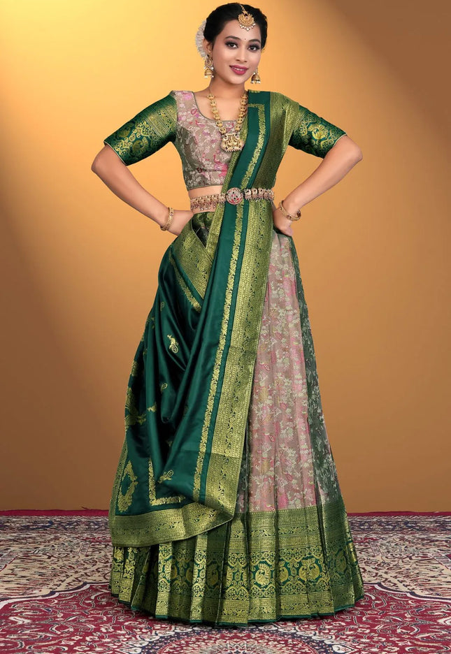 Pista Banarasi Zari Silk Half Saree For Women