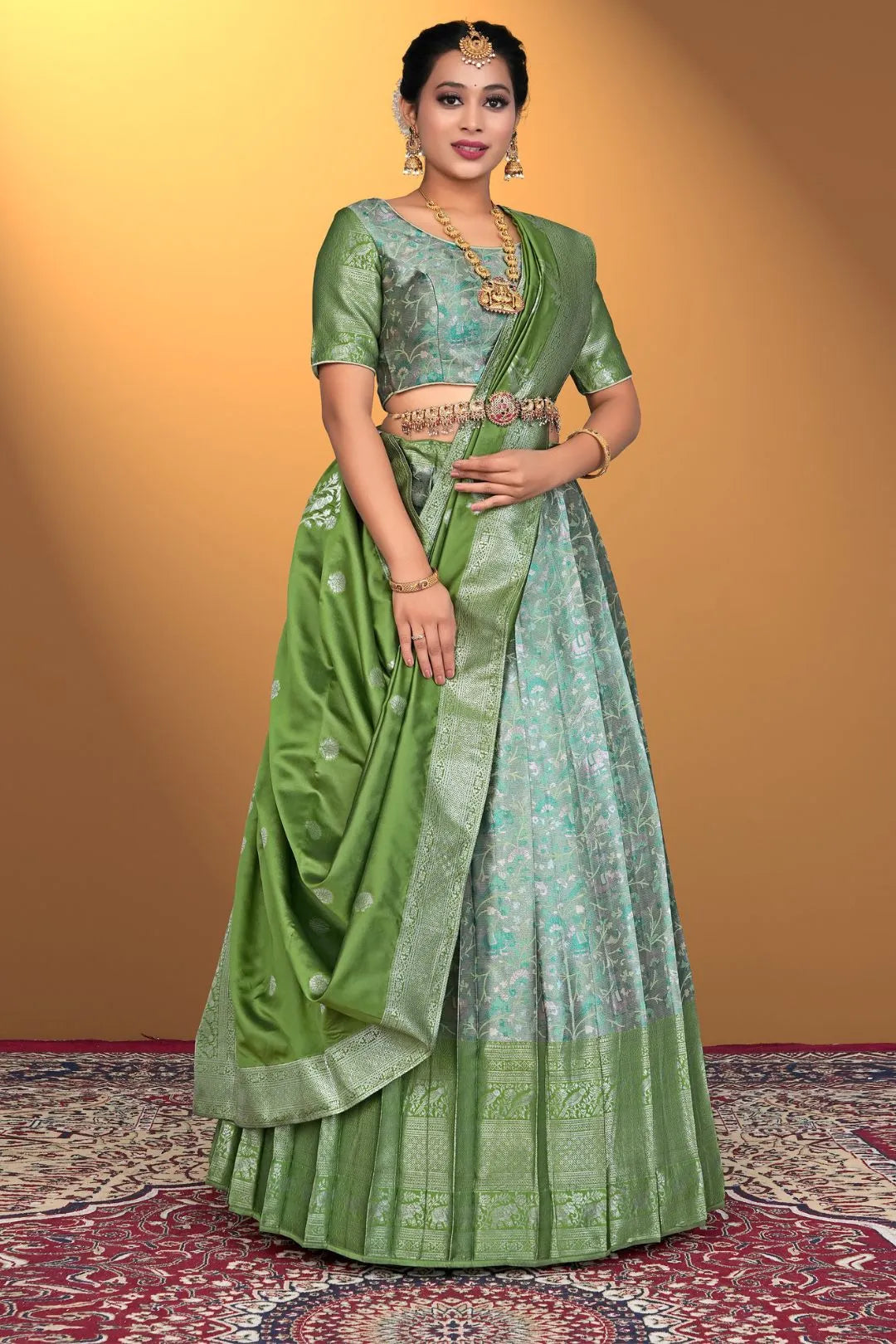 Pista Banarasi Zari Silk Half Saree With For Women