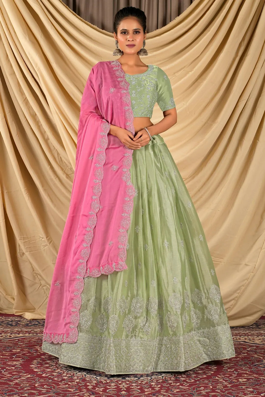 Pista Barbery Silk Lehenga Choli With Rangoli Dupatta