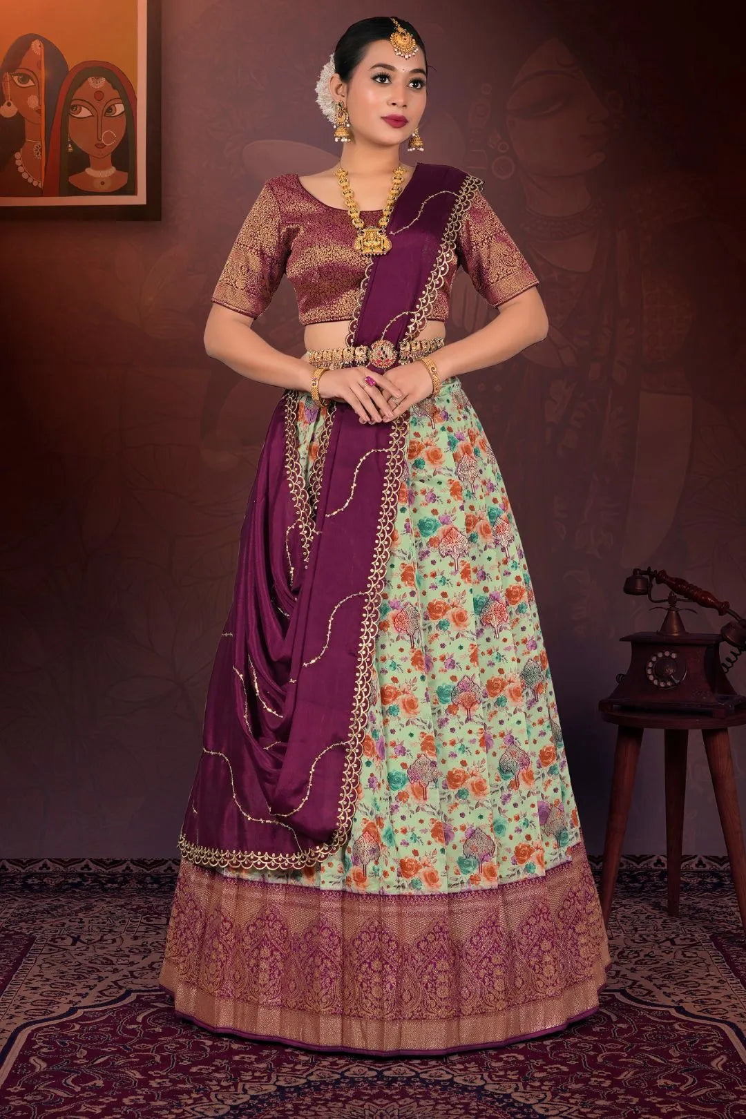 Pista Digital Print Lehenga Choli In Tissue Silk Fabric