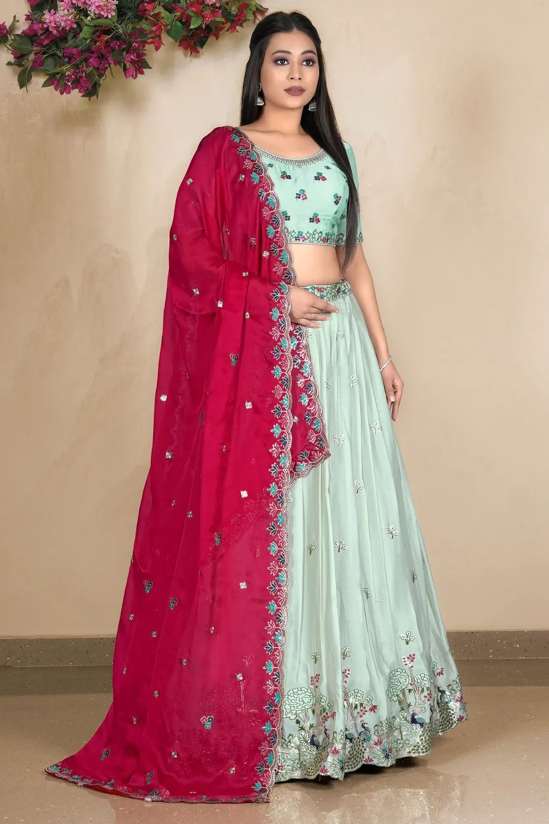 Pista Embroidered Lehenga Choli In Satin Chiffon Fabric