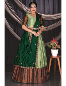 Pista Green Banarasi Half Saree With Zari Work