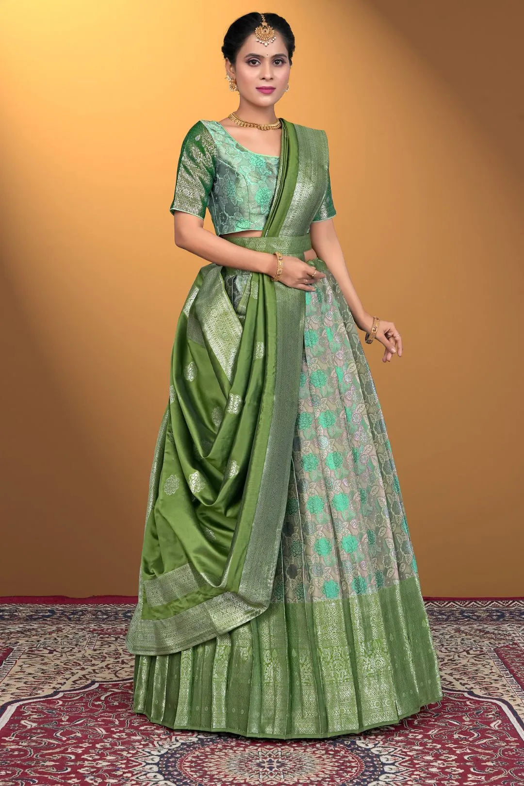 Pista Jacquard Silk With Digital Print Latest Lehenga Choli
