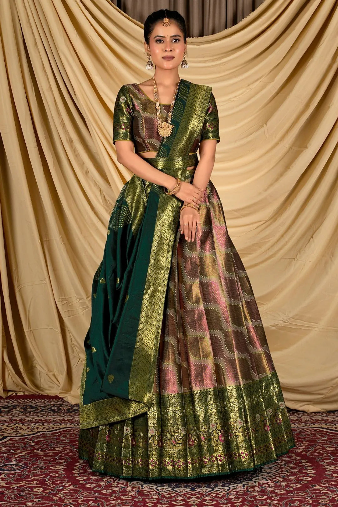 Pista Silk Half Saree Lehenga With Zari work