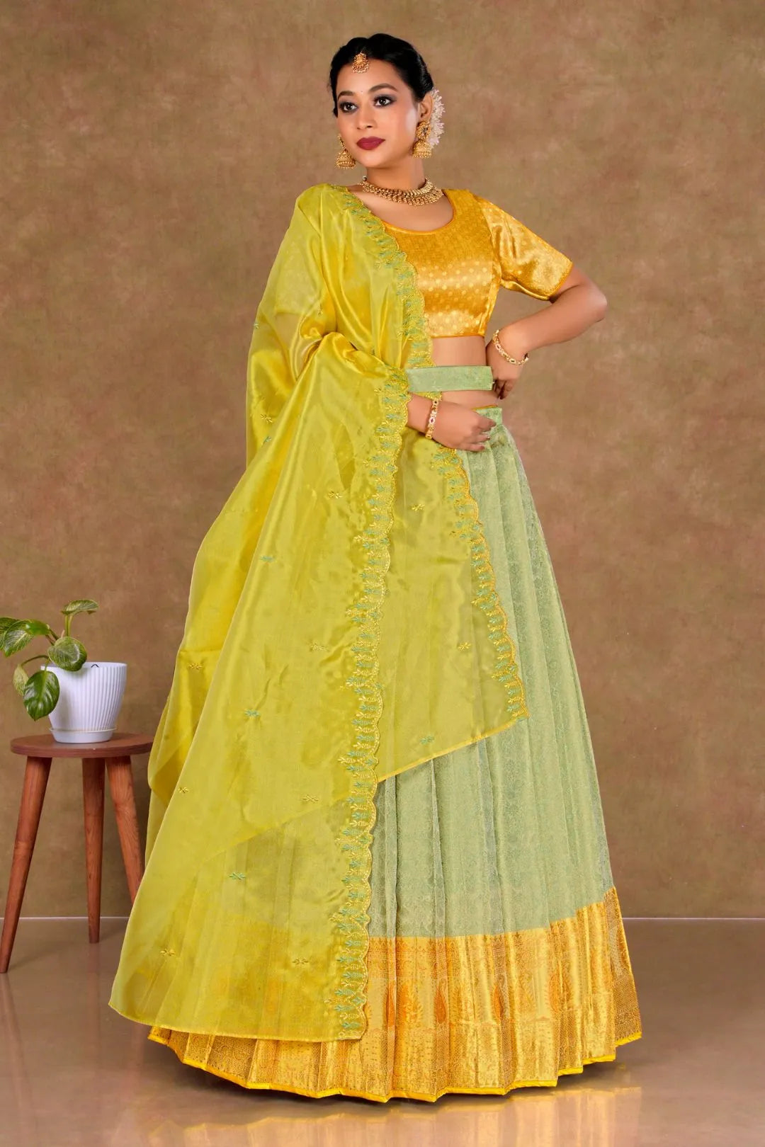 Pista Banarasi Silk Lehenga Choli With Zari Woven