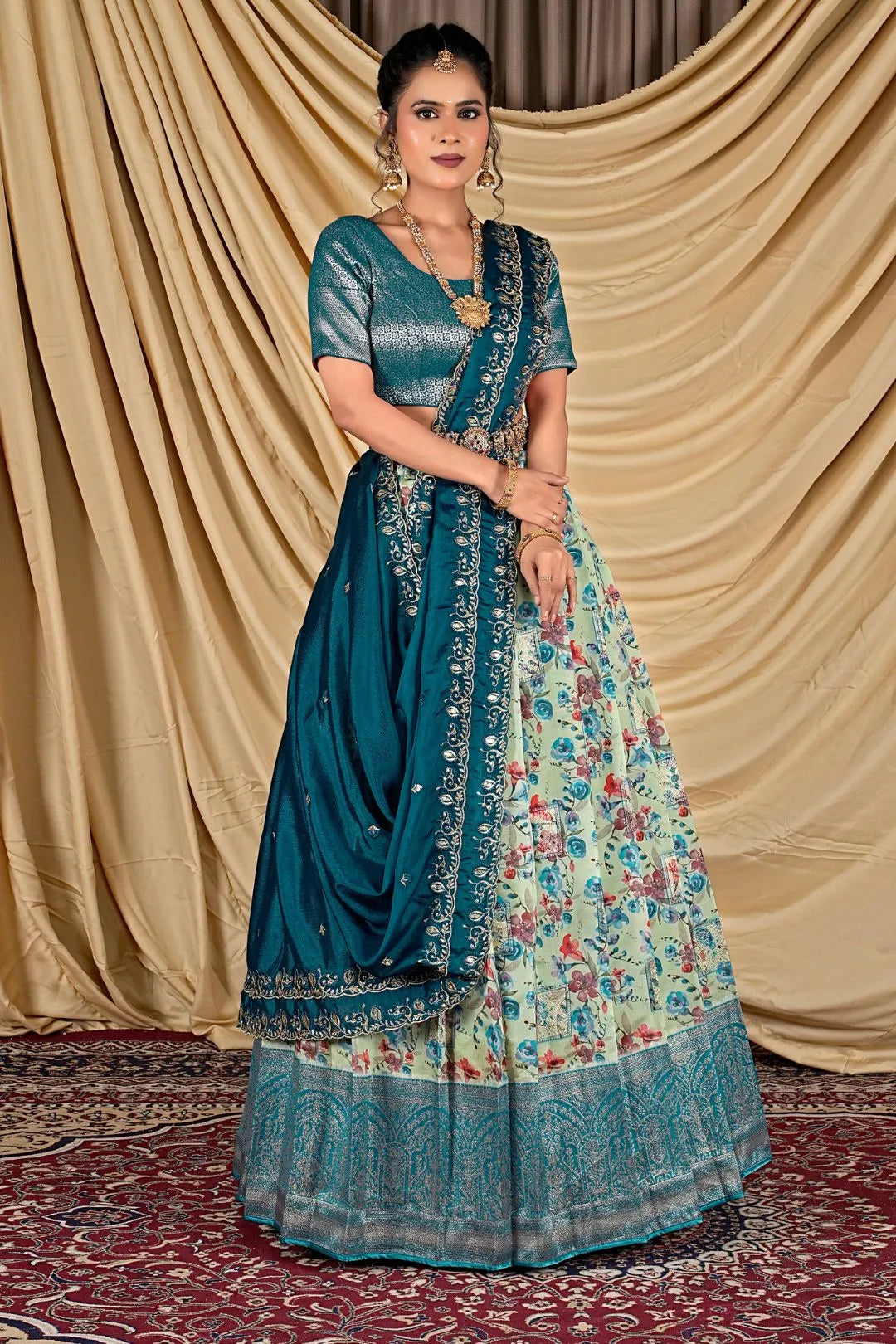 Pista Tissue With Digital Print Lehenga Choli For Women