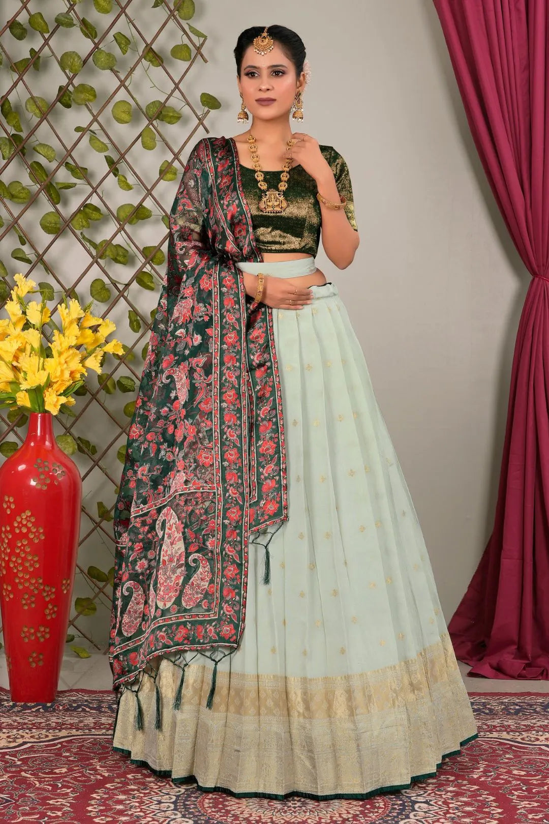 Pista Viscose Semi-Stitched Lehenga For Women